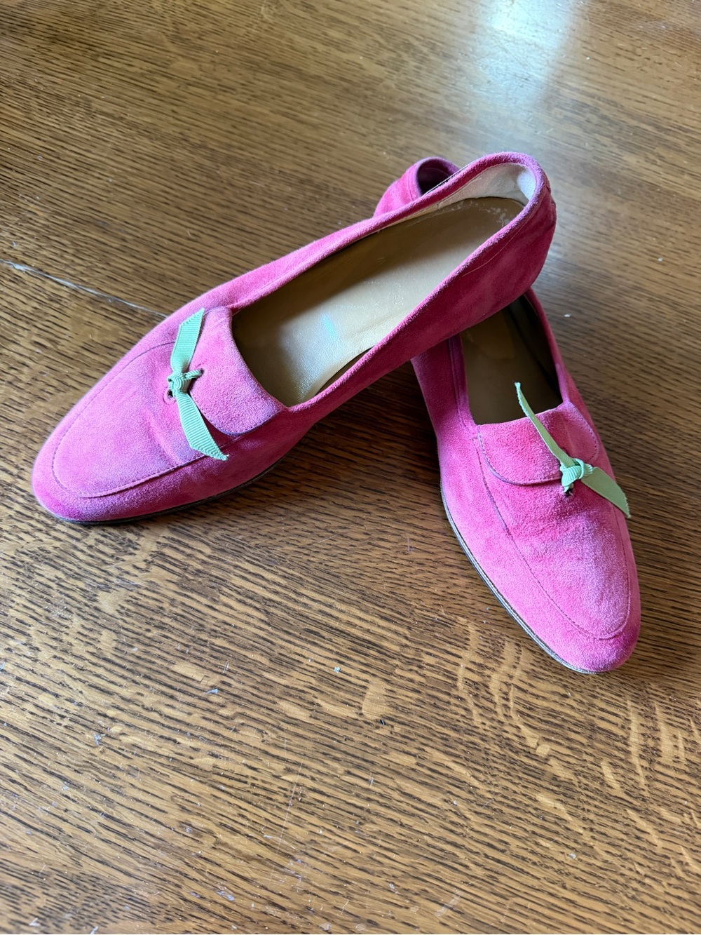 J. Crew Pink Suede Loafers with Mint Bow Accent